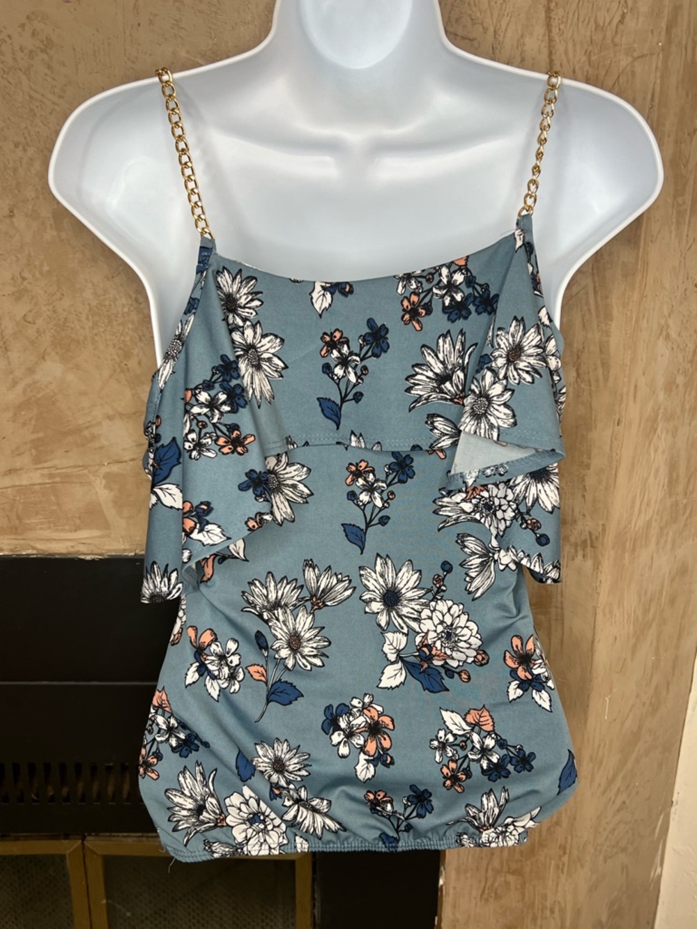 Floral Ruffle Cold-Shoulder Top - Blue Small - Picture 3 of 6